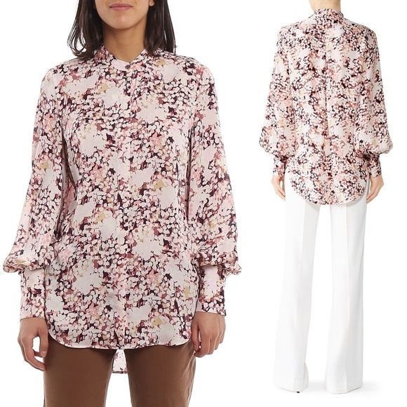 EQUIPMENT Floral Satin Draped Puff Long Sleeve Button Up Stand Collar Blouse S - Picture 2 of 13